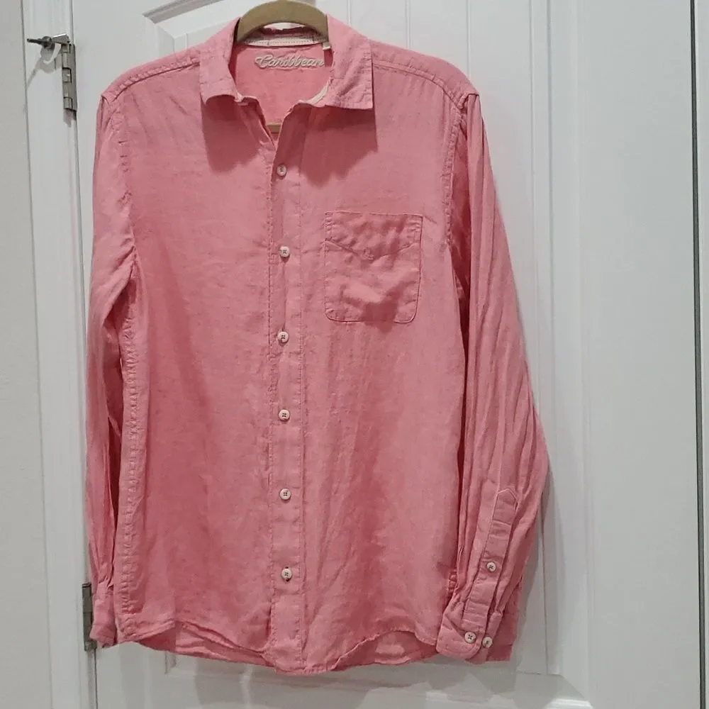 Caribbean 100% Linen Salmon Pink Long Sleeve Shirt, Size Small - Picture 1 of 5